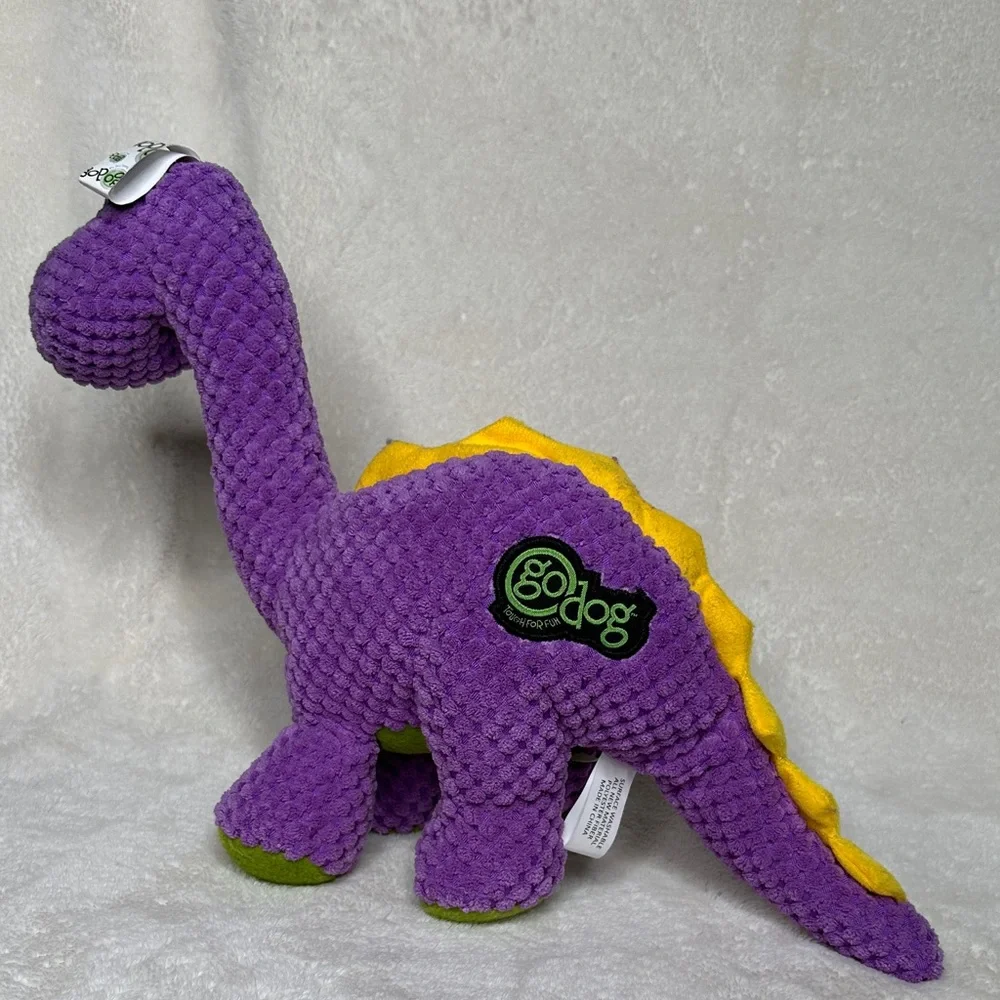 GoDog Bruto Purple Dinosaur Plush Dog Toy Silent Squeaker Chew Guard